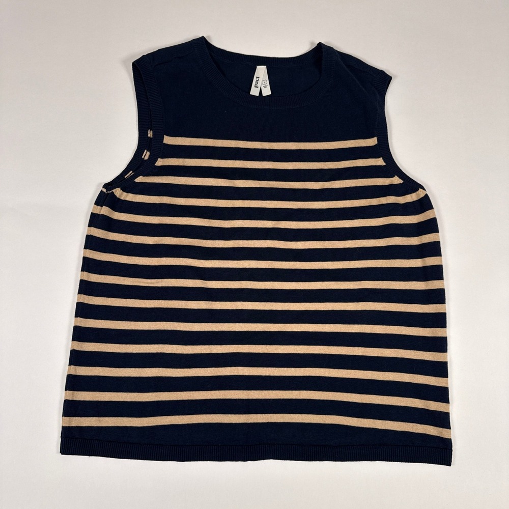 Pact Sweater Vest Womens Large Navy Tan Striped Organic Cotton Sleeveless Preppy